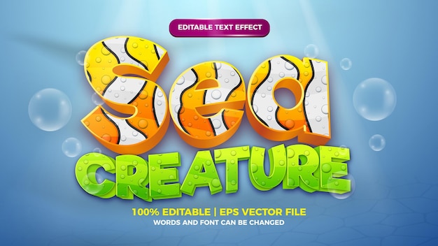 Bewerkbaar teksteffect - onder water schattige cartoon 3d-stijlsjabloon op diepzee-achtergrond