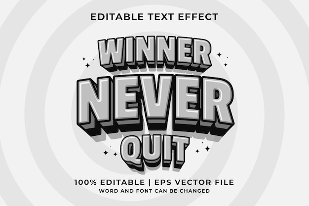 Bewerkbaar teksteffect Winnaar Never Quit 3D Cartoon-sjabloonstijl premium vector