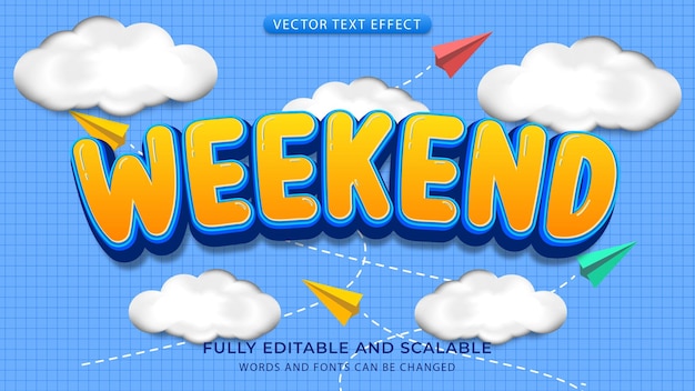 bewerkbaar weekend teksteffect met cloud ornament achtergrond en vliegtuig eps-bestand