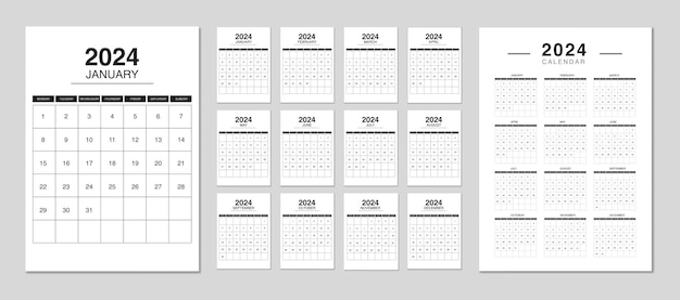 Vector bewerkbare 2024 kalenderontwerpsjabloon voor het nieuwe jaar