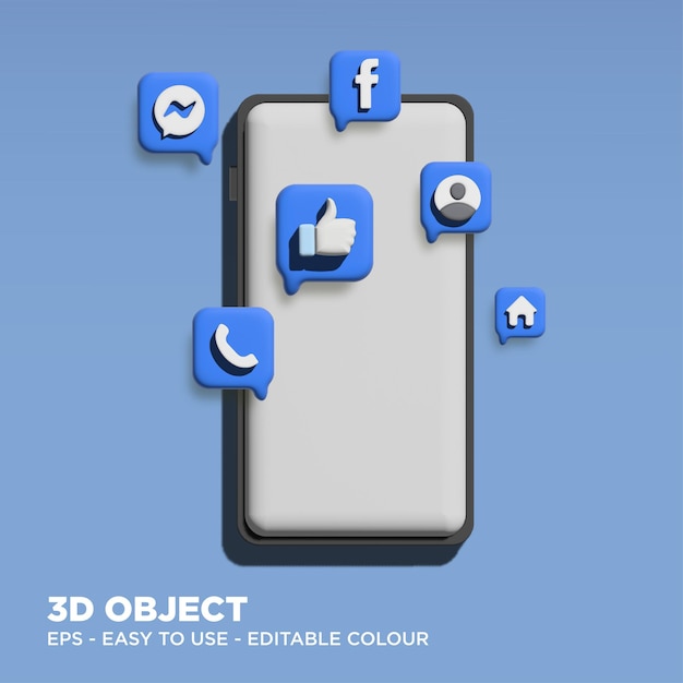 Bewerkbare 3D Facebook op mobiele telefoon mockup met 3D-pictogrammen