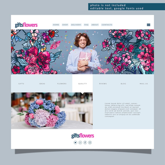 Bewerkbare bestemmingspagina-sjabloon met trendy abstracte bloemen. Modern bloemenconcept voor websiteontwikkeling