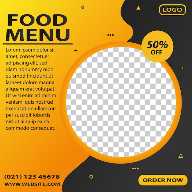 Bewerkbare menusjabloon voor voedselmenu's met vrije ruimte voor afbeeldingen. Perfect voor advertenties op sociale media.