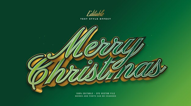 Bewerkbare Merry Christmas-tekst in elegante groene en gouden stijl met 3D-effect. Bewerkbaar tekststijleffect