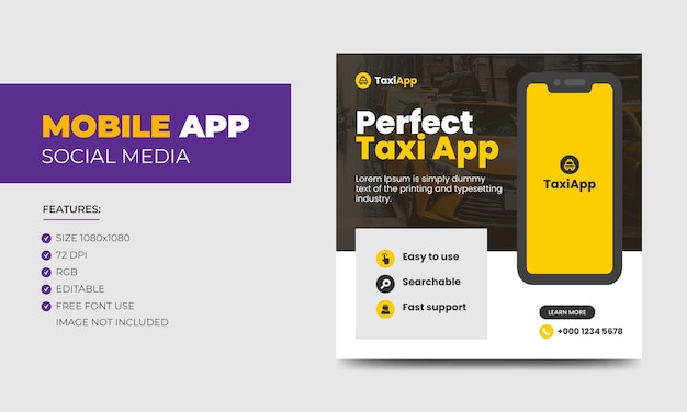 Bewerkbare mobiele app marketing social media post bannersjabloon taxi app social media post