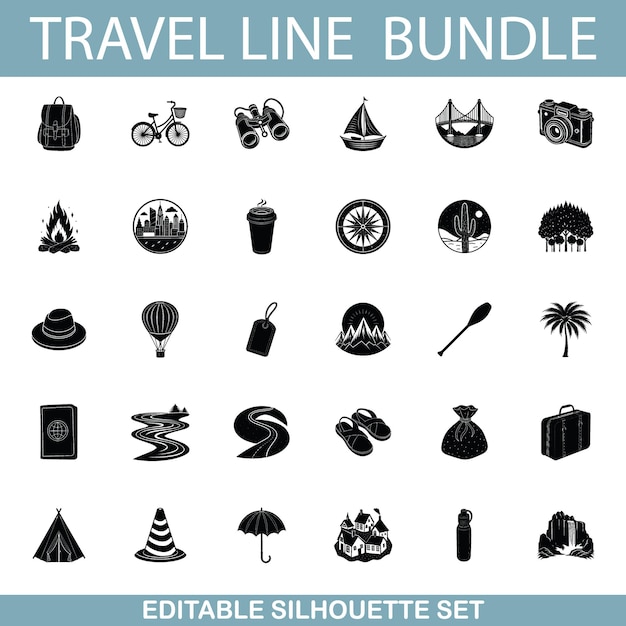 Bewerkbare Travel Line Icons Bundle Silhouette Set voor ontwerp
