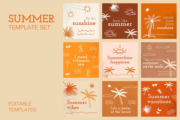 Bewerkbare zomersjablonen vector met schattige doodle set voor post op sociale media