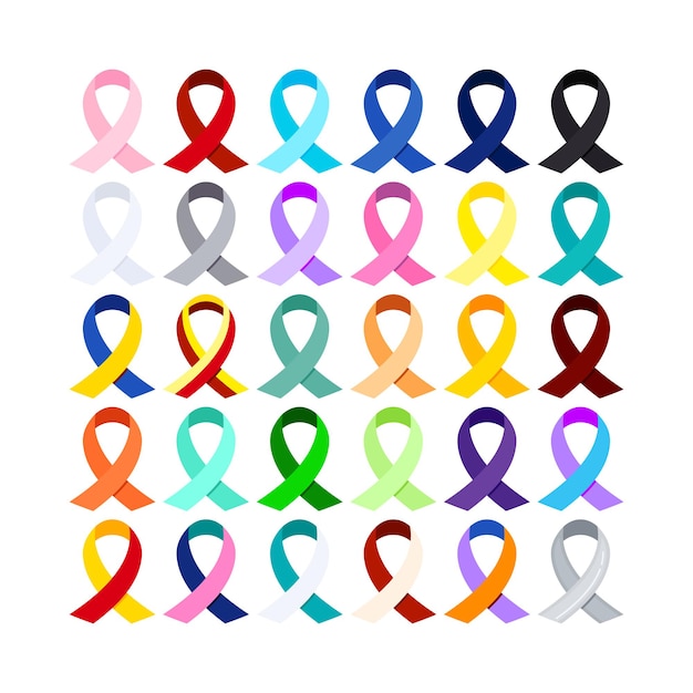 Bewustzijn lint pictogrammenset geïsoleerd op een witte achtergrond. Verschillende kleurenlinten - kankerliefdadigheid en medisch steunlusteken. Platte ontwerp cartoon stijl gezondheidszorg solidariteit vectorillustratie.