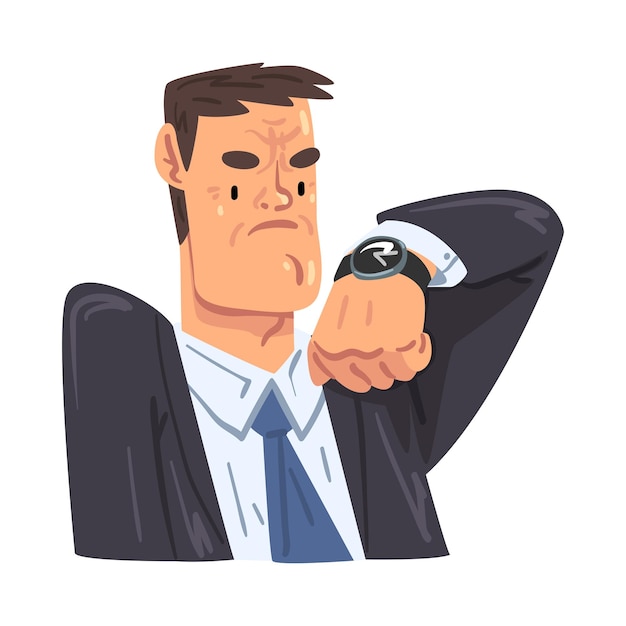 Bezige zakenman die naar een polshorloge kijkt Kantoorwerker Karakter in formele kleding Zakelijke avatar Cartoon stijl Vector illustratie