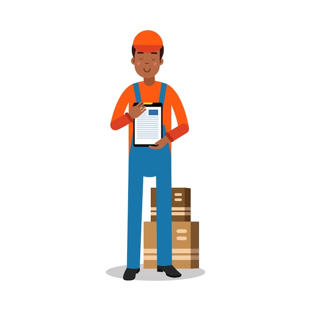 Bezorgdienstmedewerker die dozen en documenten levert, koerier in uniform op het werk cartoon karakter vector illustratie geïsoleerd op een witte achtergrond