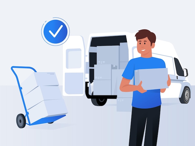 Bezorger die voor een bestelwagen staat en dozen vasthoudt illustratieconcept