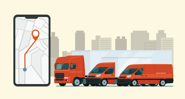Bezorgservice-app op smartphone. Bestelwagens en vrachtwagens.