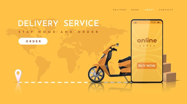 Bezorgservice. online bestemmingspagina voor eten bestellen met realistische scooter. vector afbeelding webpagina en mobiele applicatie concept van eten bezorgen bestellen