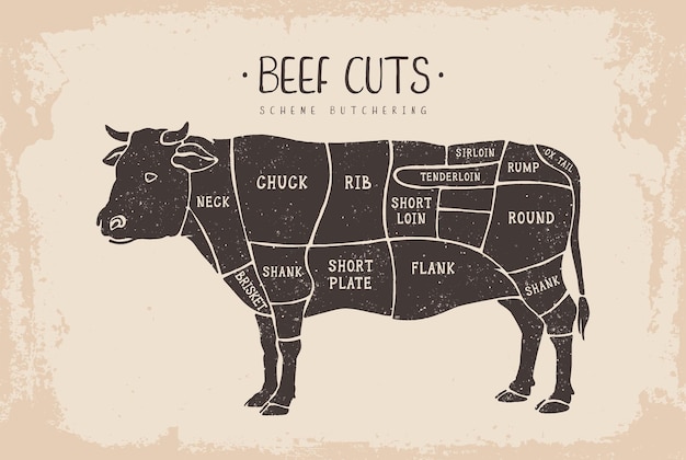 Bezuinigingen van rundvlees Poster Slager diagram voor boodschappen vleeswinkels slagerij