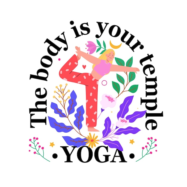 Bezymanmanifesto della giornata di yoga con citazione ragazza e fiori su sfondo biancoillustrazione piattanyj1