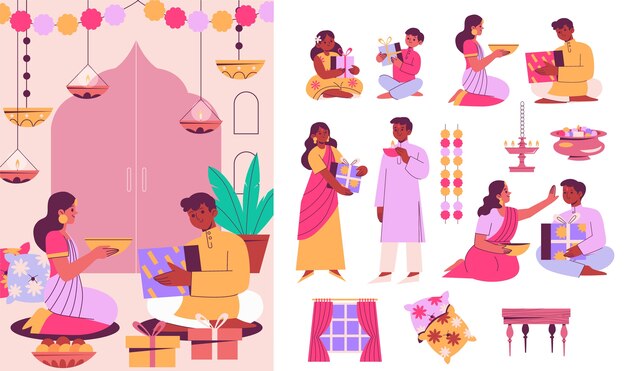 Vector bhai dooj hand drawn illustration and icons collection