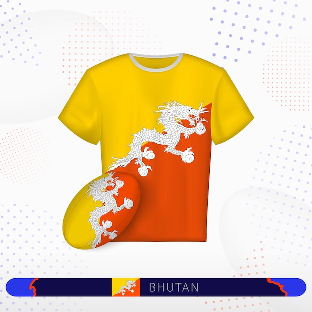 Maglia da rugby del bhutan con pallone da rugby del bhutan su sfondo sportivo astratto