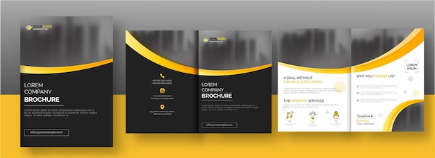Bi-fold brochure template or annual report layout in black and white color.