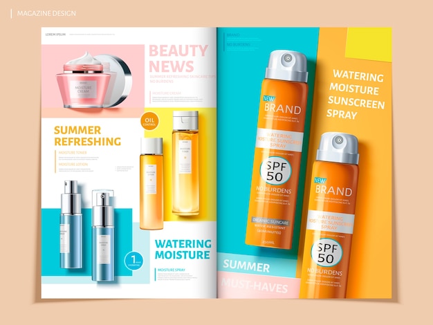 Vettore brochure bi-fold colorata con prodotti per la cura della pelle e del sole, può essere utilizzata su riviste o cataloghi