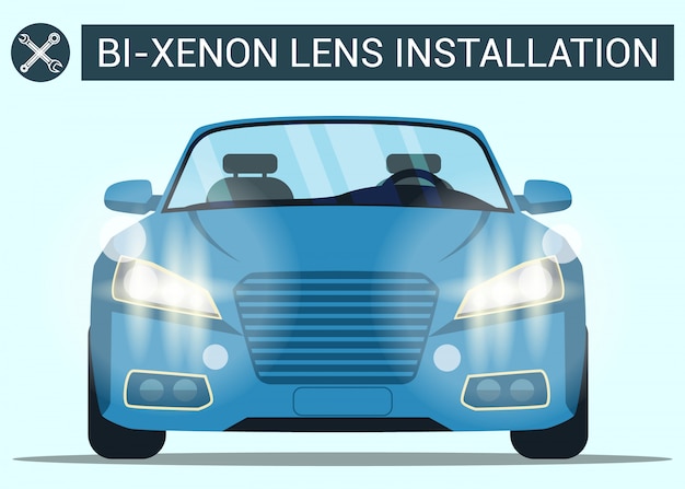 Bi-xenon-lensinstallatie. blauwe auto met koplamp. moderne auto