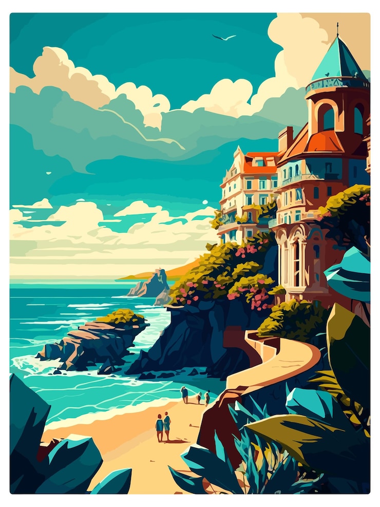 Vector biarritzscape france vintage travel poster souvenir postcard portrait painting wpa illustration