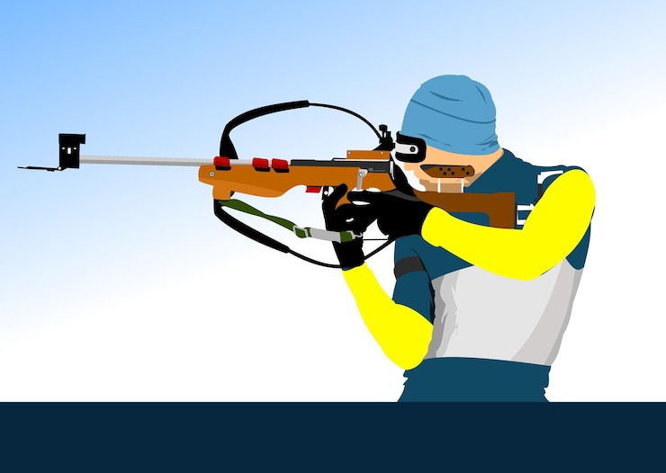 Vector biathlon runner colored silhouette shooting vector 3d illustration