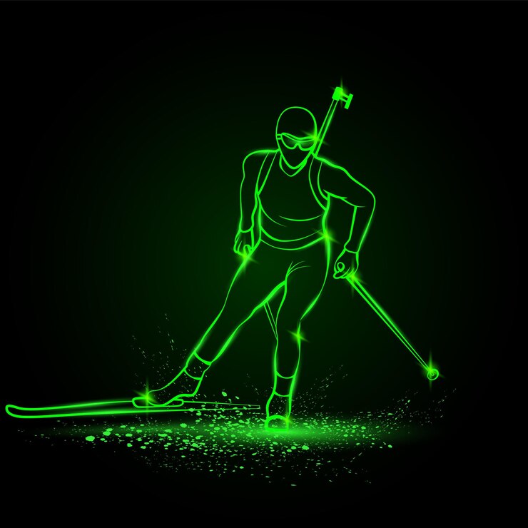 Vector biathlon winter sport biathlon girl linear silhouette skiing front view vector green neon biathlon ski illustration