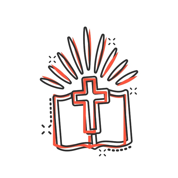 Vettore icona del libro biblico in stile fumetto illustrazione vettoriale del fumetto di fede della chiesa su sfondo bianco isolato concetto di business con effetto splash di spiritualità
