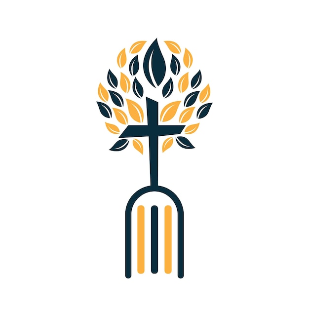 Библия Крест Дерево Дизайн Логотипа Христианская Церковь Дерево Крест Векторный Дизайн Шаблона