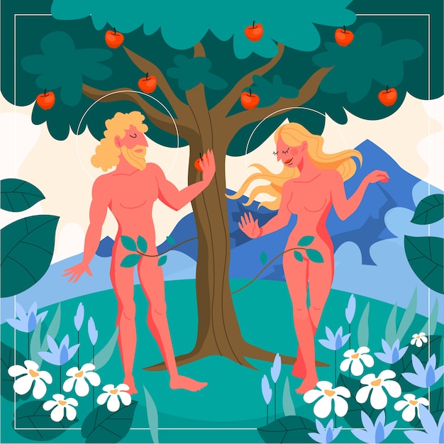 Библейские рассказы о первых людях. Адам и Ева стоят возле яблони. Христианский библейский персонаж. История Священного Писания. иллюстрация.