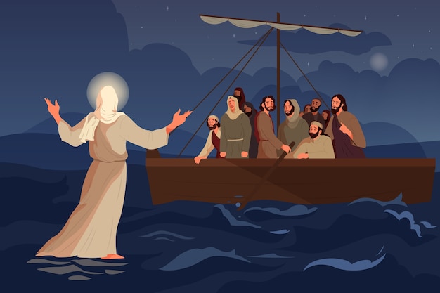 물 위를 걷는 예수님에 관한 성경 이야기. 제자들은 예수님을 보았다