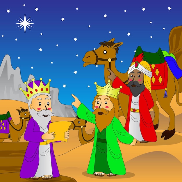 Vector bible story illustration, three wise men searched for the birthplace of jesus by looking at the star