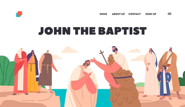 洗礼者ヨハネと川でイエスにバプテスマを施す聖書のランディングページテンプレートベクトルイラストを見る