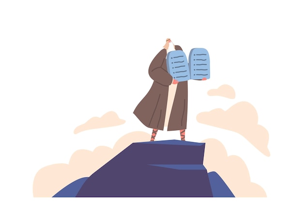 Vector biblical stories concept moses standing on mountain with ten commandments prophet moses character vector illustration