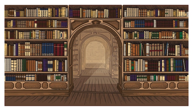 Bibliotheek boek plank interieur grafische schets kleurrijke illustratie vectorillustratie