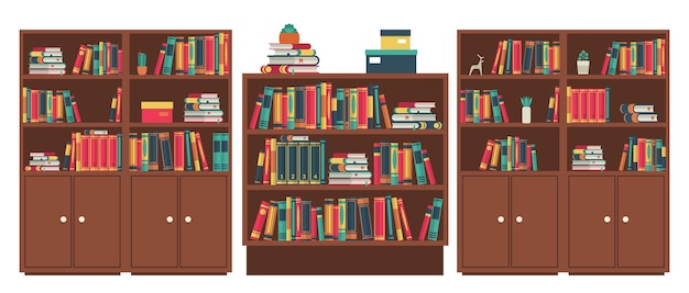 Bibliotheek boekenplanken kamer. boekstapels in houten meubelen. diverse boeken in boekenplank staan en liggen, kleurrijke covers, houten kast om te studeren en te leren, klassieke interieur vectorillustratie