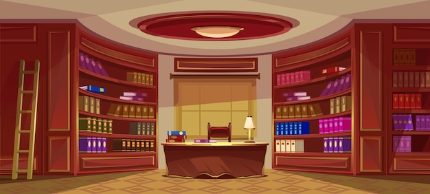 Bibliotheek interieur boekenkast boekenplank bureau raam met gordijn ovaal kantoor versierd meubilair mahonie tapijt grote collectie boeken vintage kamer interieur vector cartoon illustratie