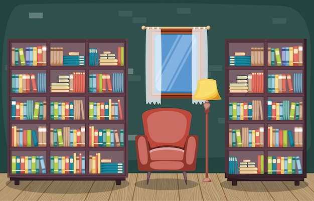 Vector bibliotheek kamer interieur stapel boeken over boekenplank plat ontwerp