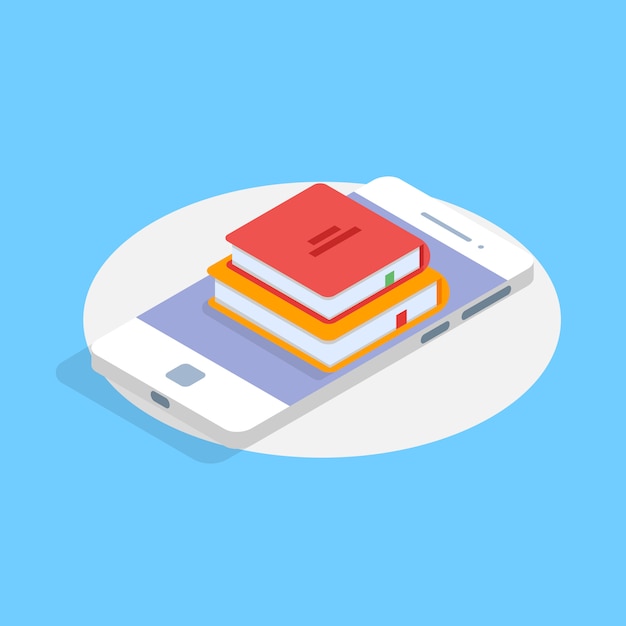 Bibliotheek mobiel online isometrisch concept. vector illustratie.