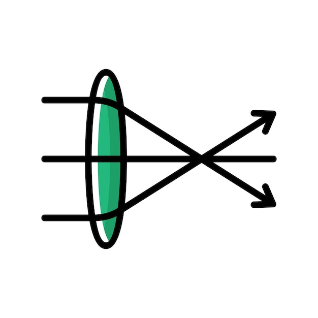 Icona biconvessa dei raggi di rifrazione della lente linea vettoriale colorata icona della legge fisica