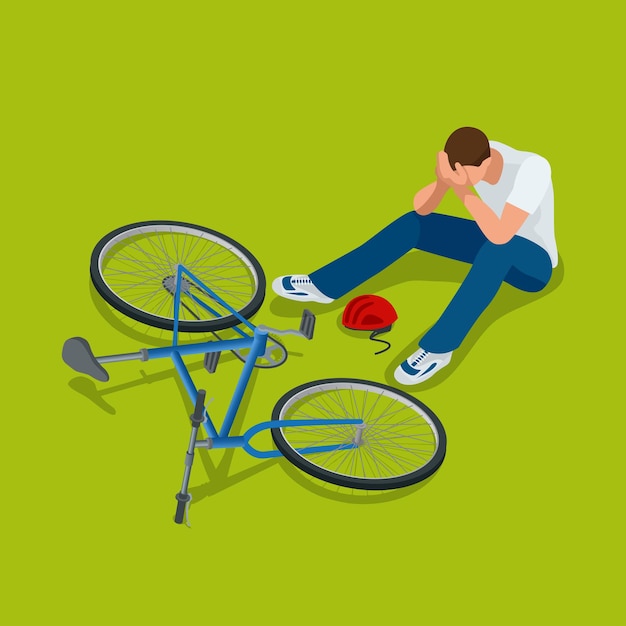 Vettore incidente in bicicletta. l'uomo cade dalla bicicletta. illustrazione isometrica vettoriale 3d piatta.