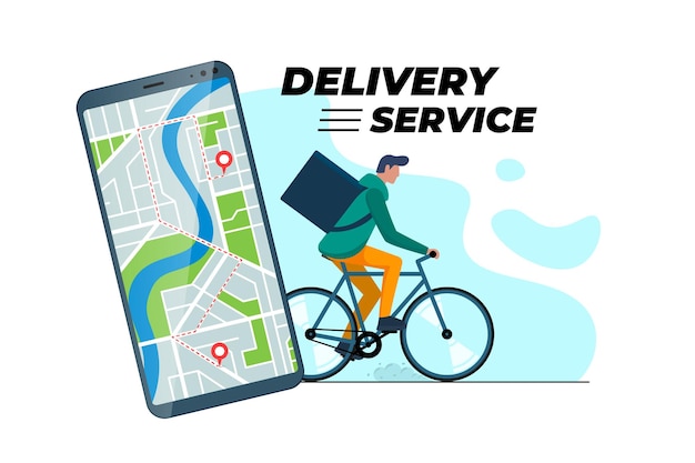 Bicycle delivery ordering service app concept. smartphone with geotag gps location pin on city street and express shipping courier with backpack. online order application vector eps illustration