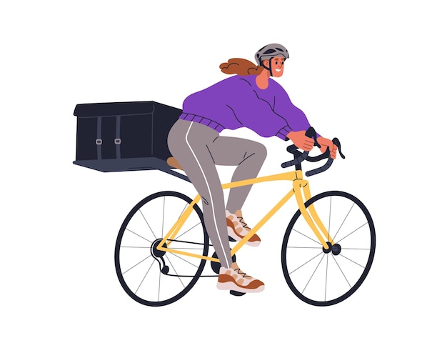 Servizio di consegna di biciclette donna corriere in bicicletta che consegna ordini di pasti in pacchetto di scatola termica ragazza in bicicletto con contenitore di borsa illustrazione vettoriale grafica piatta isolata su sfondo bianco