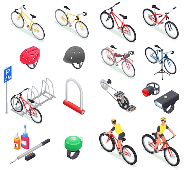 Vector bicycle isometric set of isolated icons of bikes of different models helmets lubricants and parking facility vector illustration