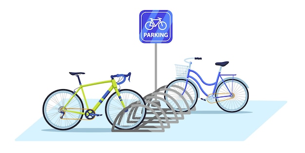 Bicycle parking area public bike rack with parking sign and parked bicycles ecologic city transport vector illustration