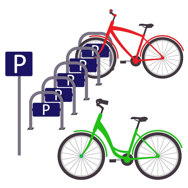 Vettore parcheggio per biciclette con due biciclette piatto semplice illustrazione vettore