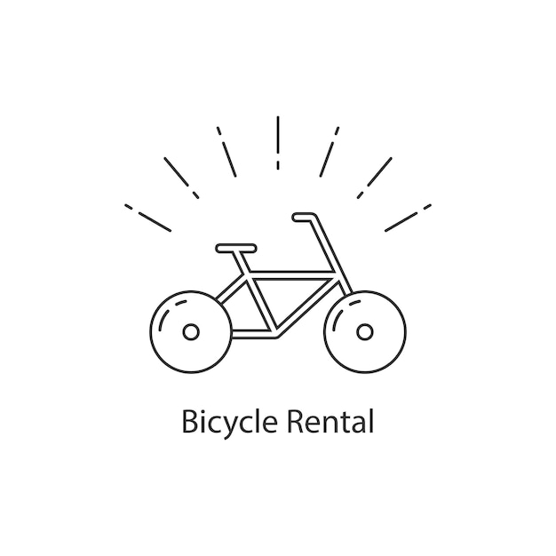細い線の自転車で自転車をレンタル。旅行レース、自転車レンタル、アクティビティ、キャンプバッジ、サイクリスト、ツアー、広告購入のコンセプト。フラットスタイルのトレンドモダンなロゴタイプデザインベクトルイラスト白地に