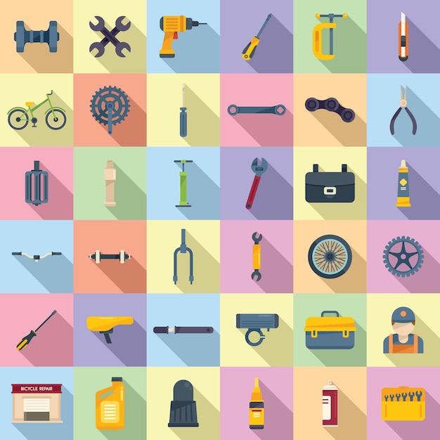 Bicycle repair icons set flat vector. bike element. bicycle parts equipment