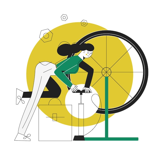 Concetto di servizio di riparazione di biciclette. meccanico di bici in un'officina nel processo di riparazione. donna con uno strumento. illustrazioni vettoriali piatte moderne con personaggi isolati su sfondo bianco