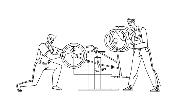 Servizio di riparazione biciclette uomini lavoratori vettore di fissaggio